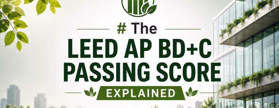 LEED AP BD+C passing score explained with a modern sustainable building and green landscaping.