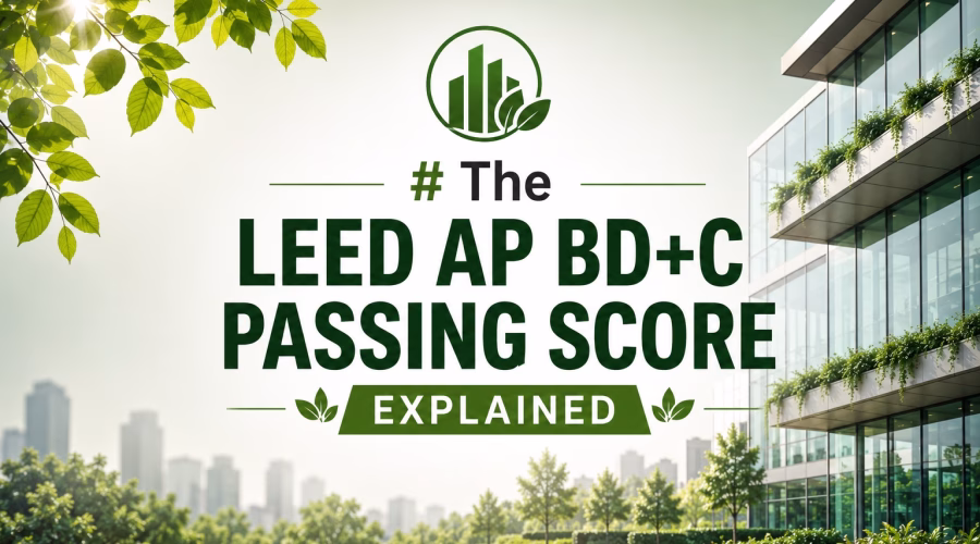 LEED AP BD+C passing score explained with a modern sustainable building and green landscaping.