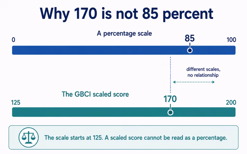 : Two aligned scales showing that 85 percent on a 0 to 100 scale does not correspond to 170 on a 125 to 200 scaled score