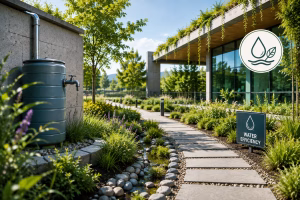 Water-efficient sustainable building landscape with rainwater harvesting, drought-tolerant planting and water-conscious site design for LEED AP BD+C.