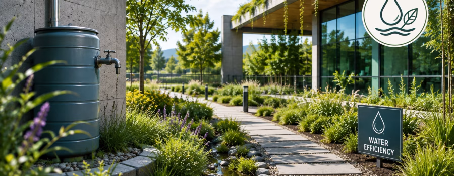Water-efficient sustainable building landscape with rainwater harvesting, drought-tolerant planting and water-conscious site design for LEED AP BD+C.