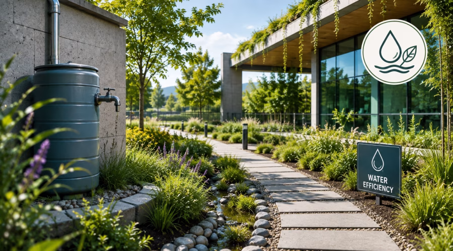 Water-efficient sustainable building landscape with rainwater harvesting, drought-tolerant planting and water-conscious site design for LEED AP BD+C.