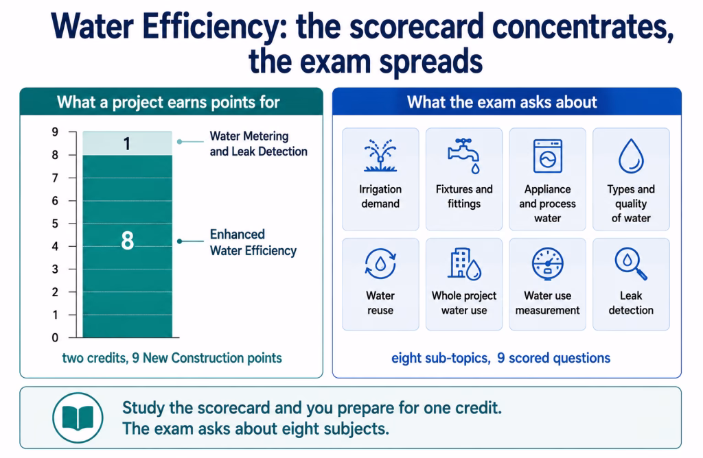 Two panels contrasting Water Efficiency's two credits with the eight sub-topics the exam works from