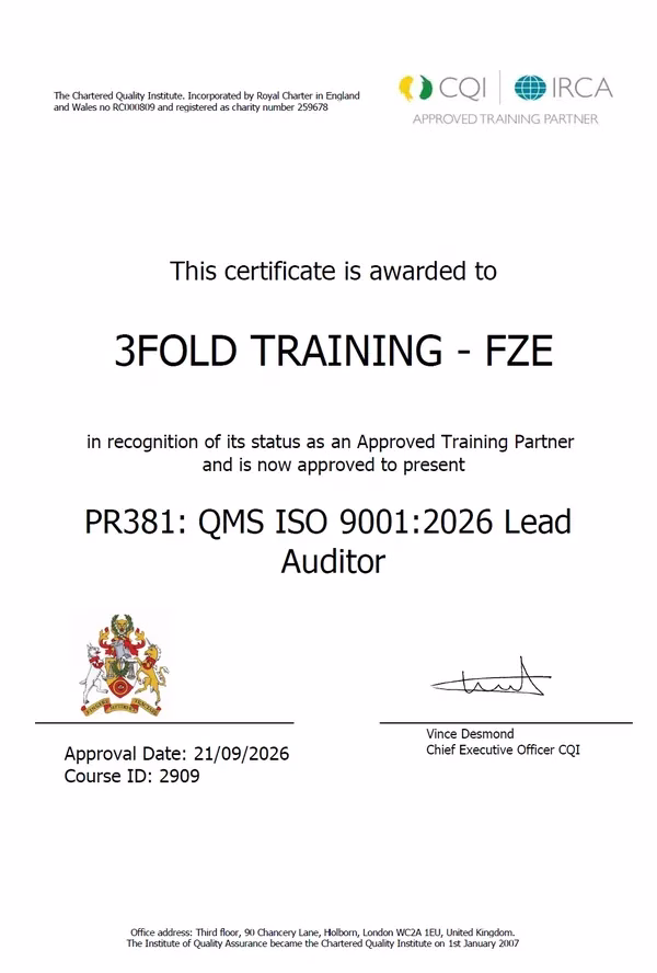 CQI IRCA course certificate PR381 for ISO 9001 Lead Auditor training, Course ID 2909, awarded to 3FOLD Training